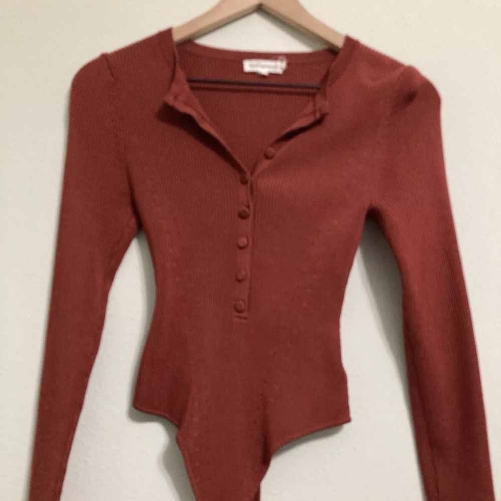 Good American Bodysuit Long Sleeve Ribbed Brick Copper Burnt Orange Size L